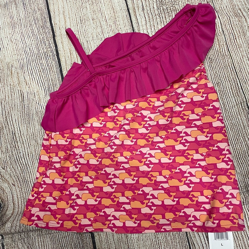 😍NWT Vineyard Vines Kids One Shoulder Swim Top Whale Print Pink & Orange Large